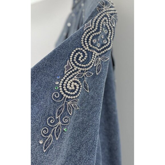 Vtg Side Roll Studded Embroidered Jacket Denim Studded Pocket Button One Sz Flaw - Picture 10 of 16
